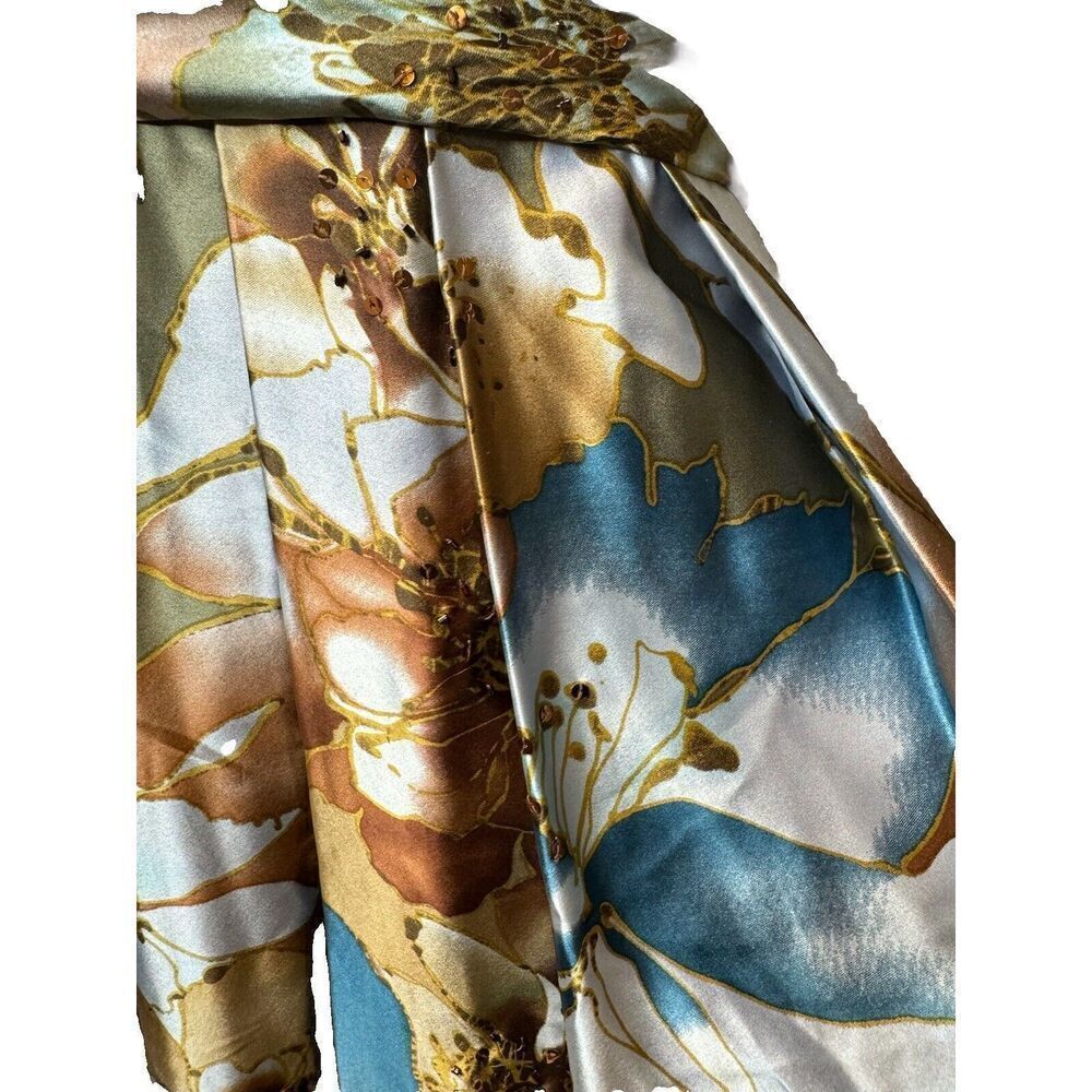 Adrianna Papell Occasions 100% Silk Blue Floral Halter Sequin Dress Y2K Sz 14 - Picture 11 of 14